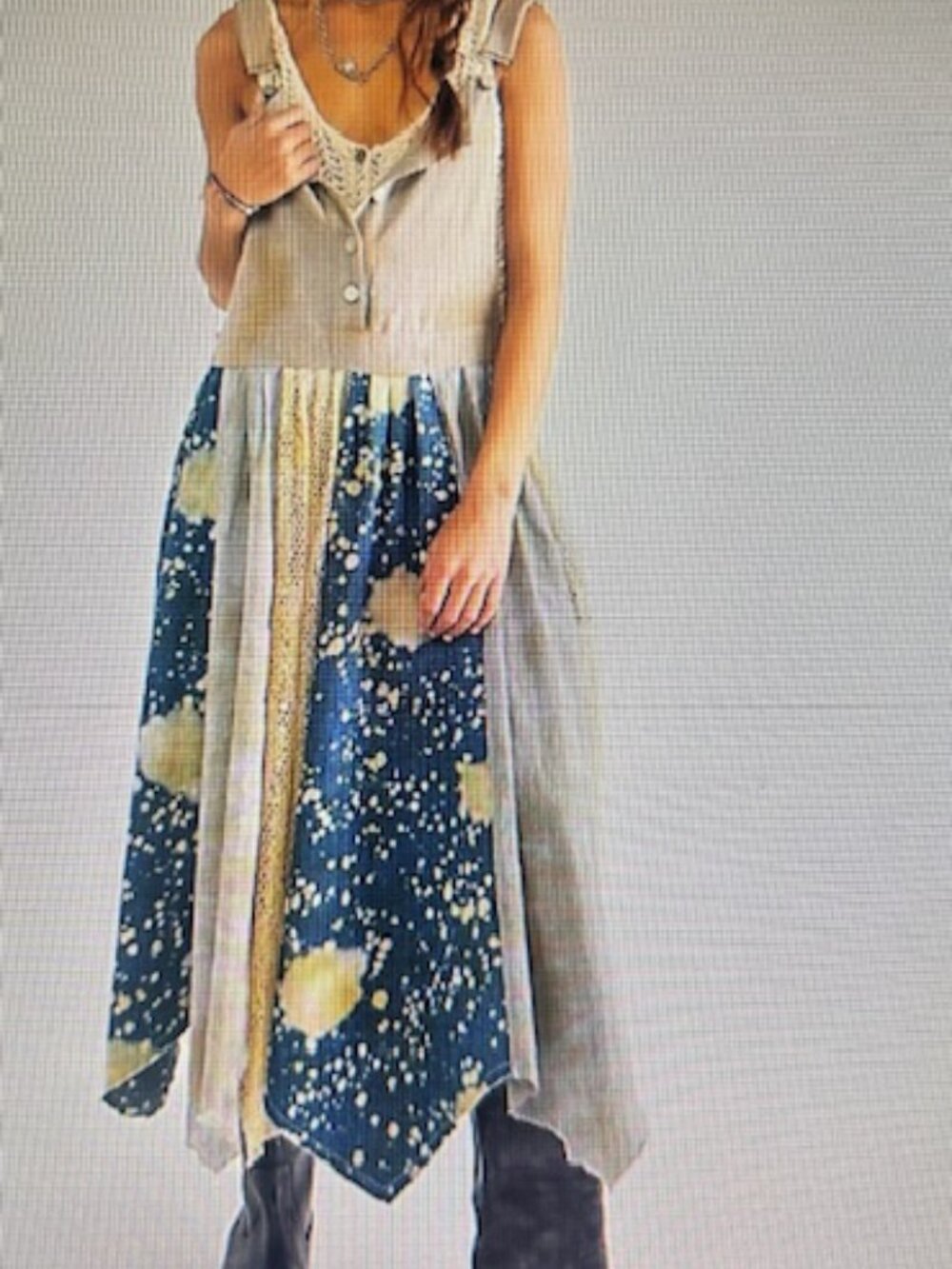 We The Free X FP Love Tattered Lace Patchwork Pinafore Denim Skirtall Dress NEW